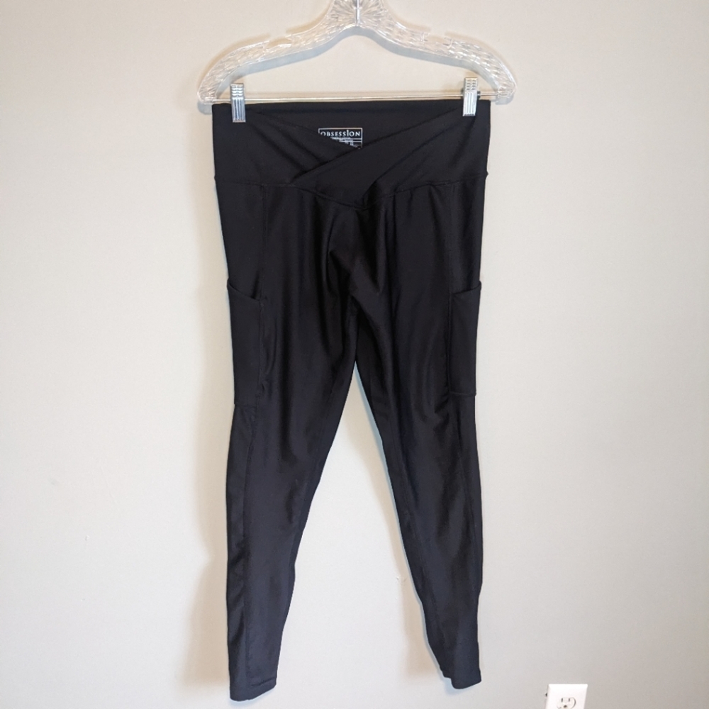 Obsession Black Leggings with Criss Cross Top and Pockets, size L